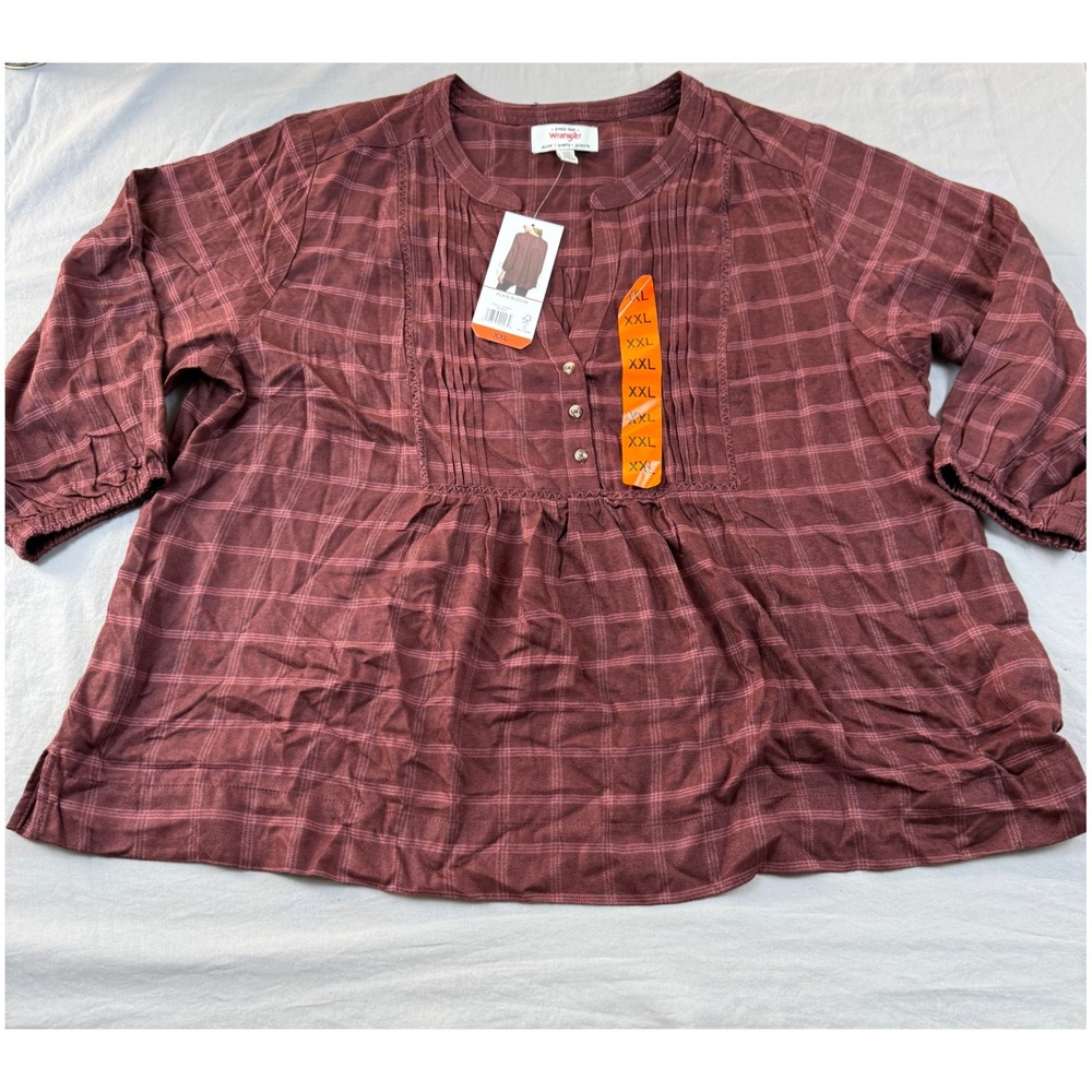 Wrangler Plaid Blouse Womens XXL Brown Burgundy 3/4 Sleeve Pleated‎ Bib Top NEW